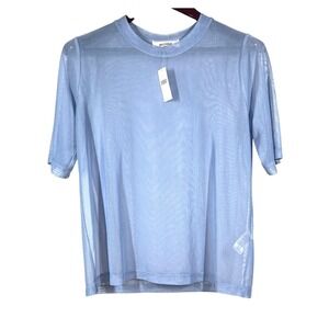 Porridge Anthropologie Sheer Fine Mesh Top Womens L Blue Short Sleeve Crewneck